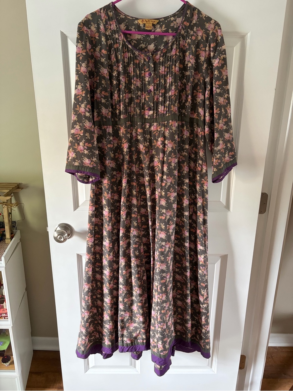 April Cornell Olive Floral Maxi Dress with Pink Accents